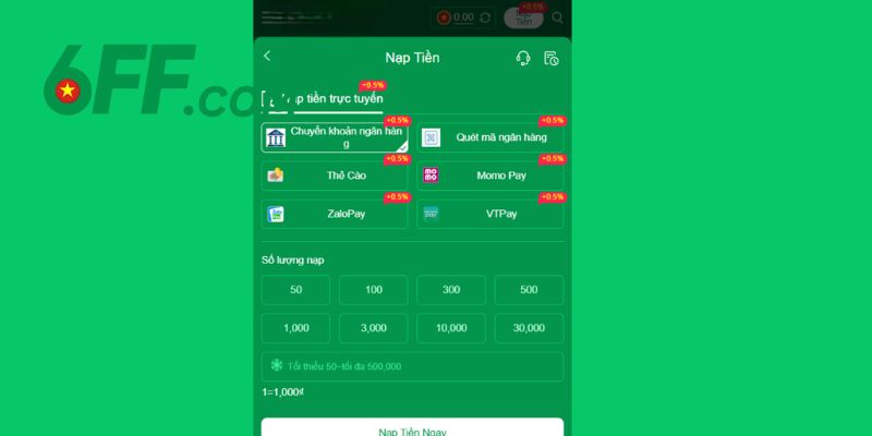 Nạp tiền 6FF qua thẻ cào điện thoại